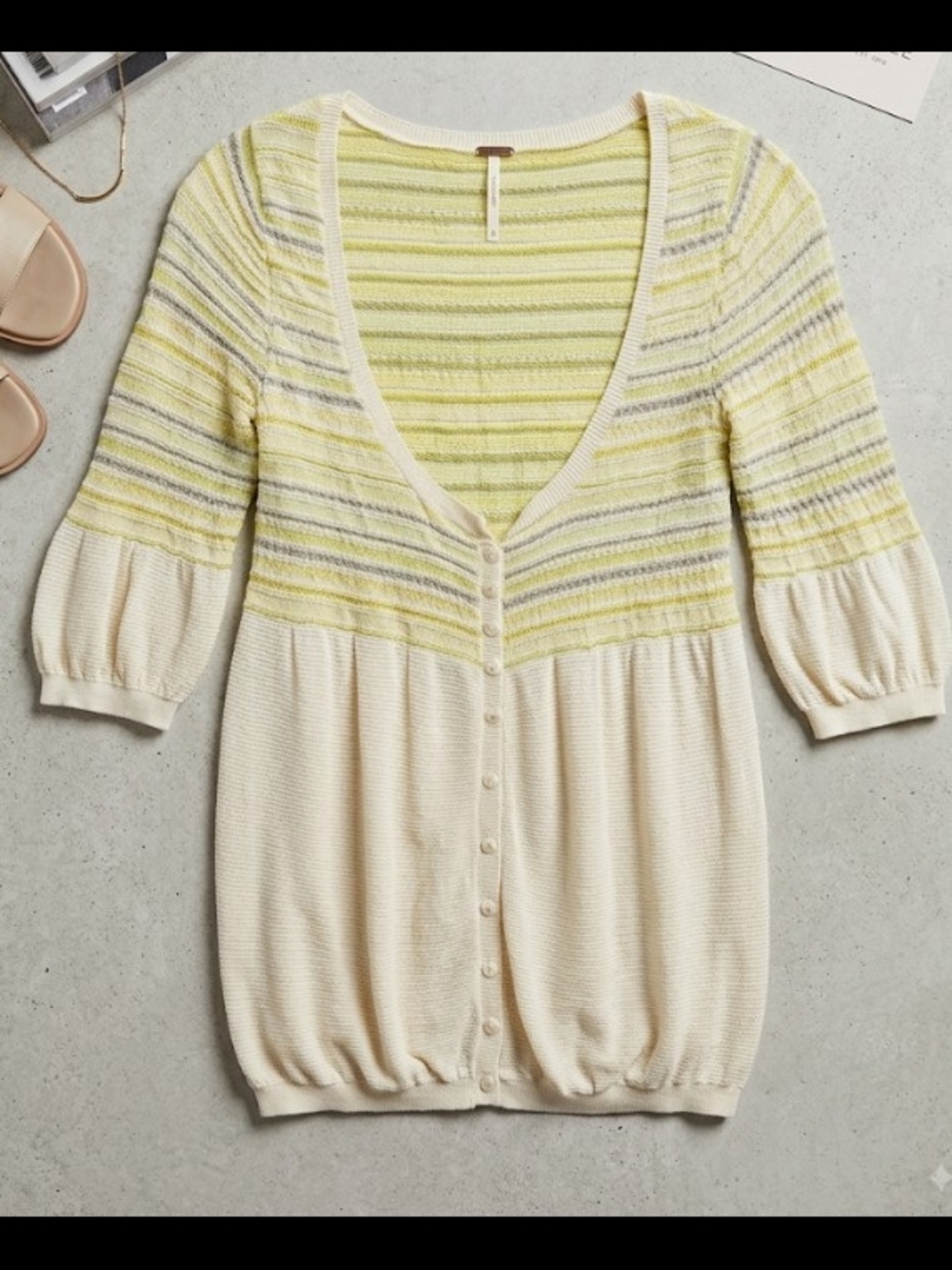 Free People Smocked Jacquard Cream Pale Yellow Stripe V Neck Button Cardigan (S)